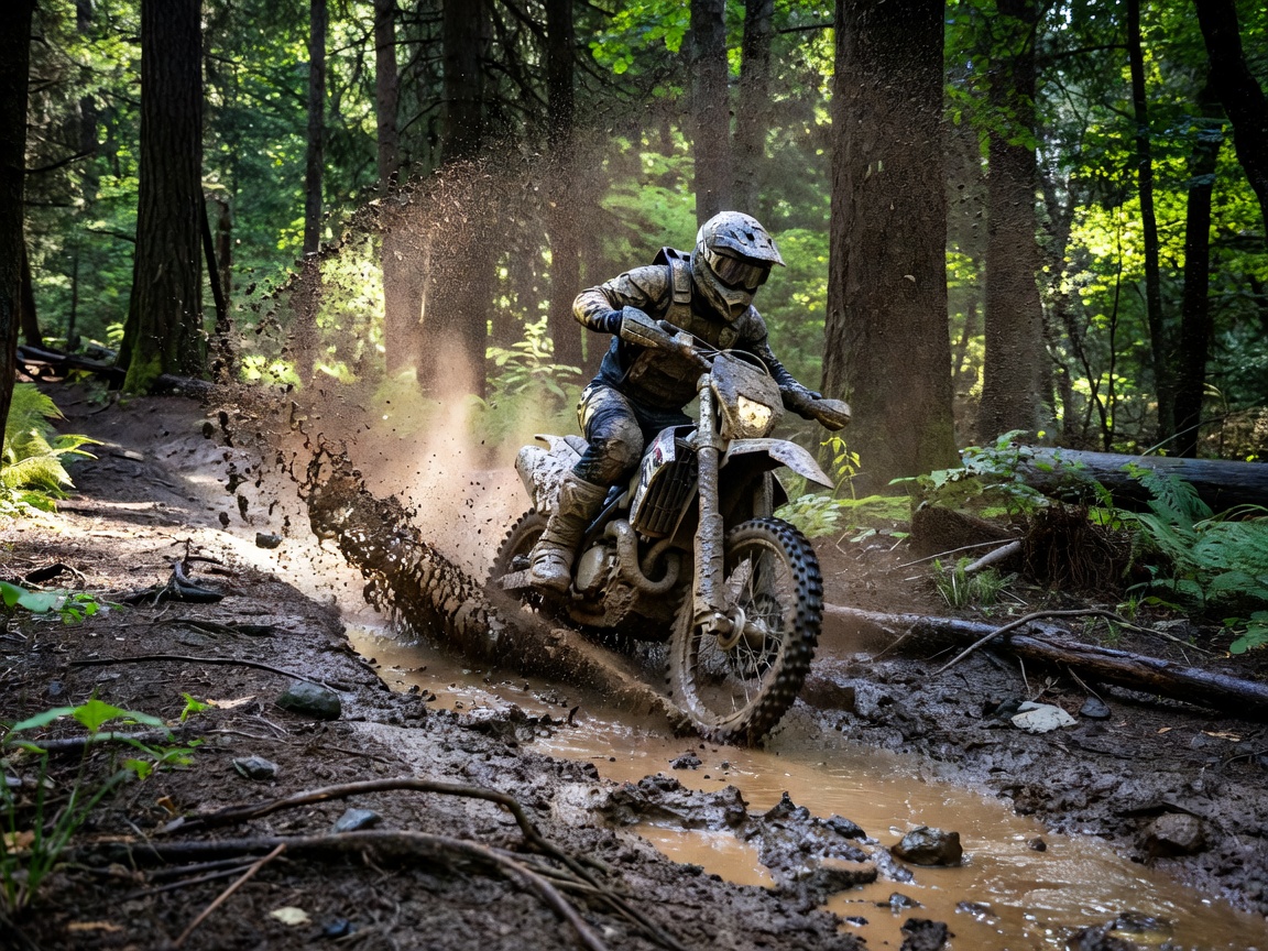 Enduro motorcycle crossing a muddy forest trail with water and dirt spraying