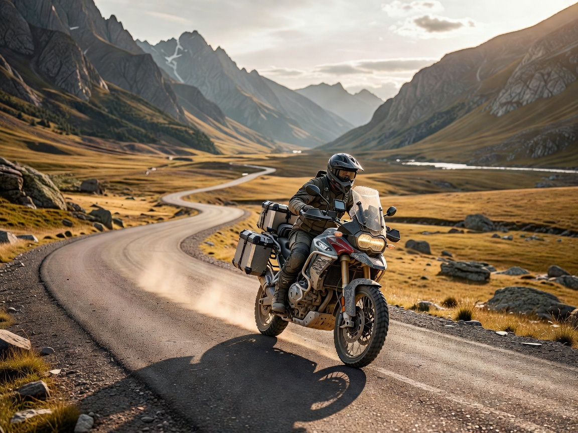 Large adventure motorcycle travelling across an open mountain valley road